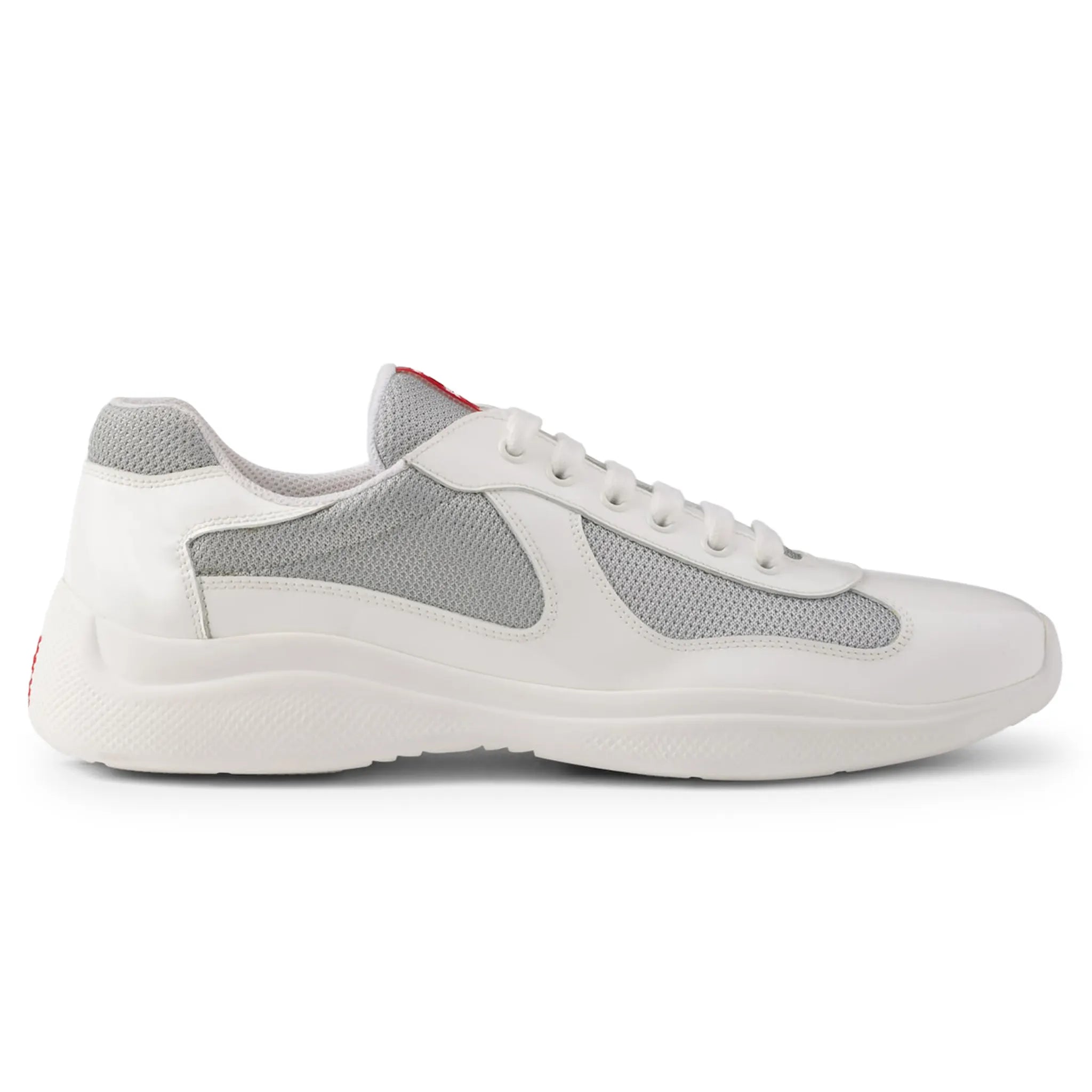 Side View of Prada Americas Cup Patent White Silver Sneaker 4E3400_ASZ_F0J36_F_G000
